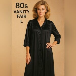 Vintage 1980s Vanity Fair Black Nylon Robe with Lace Trim & Pocket – Size L